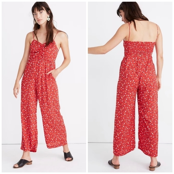 Madewell Red Floral Print Ruched Smocked Wide Leg Jumpsuit - Picture 1 of 6